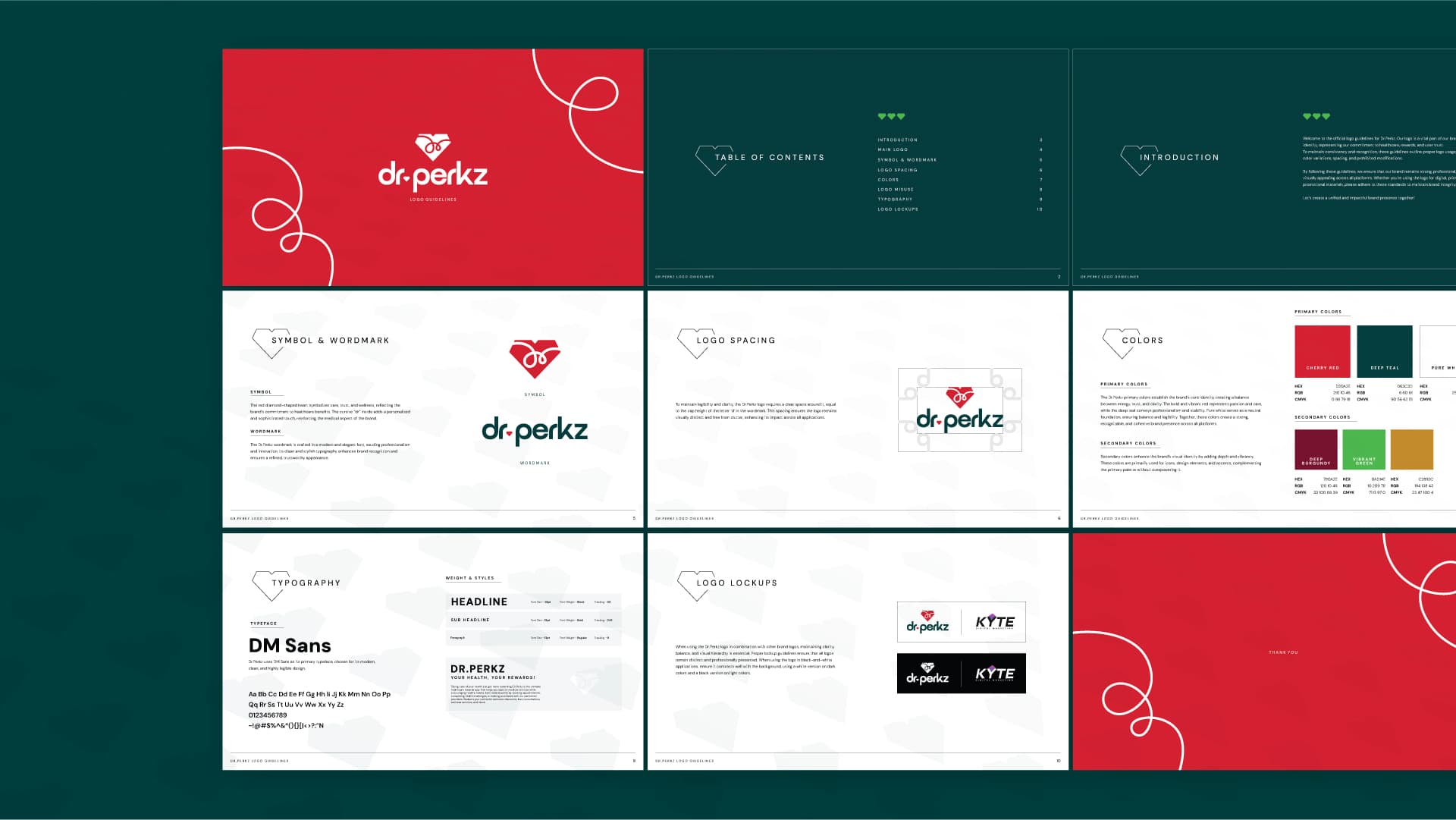 Spread of the Dr.Perkz logo guidelines deck showing the cover, contents, symbol and wordmark, spacing, colour, misuse, typography and lockup pages