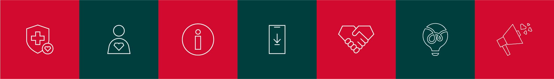Row of white line icons on alternating red and teal tiles — a medical shield, a patient, an info mark, an app download, a handshake, a lightbulb and a megaphone