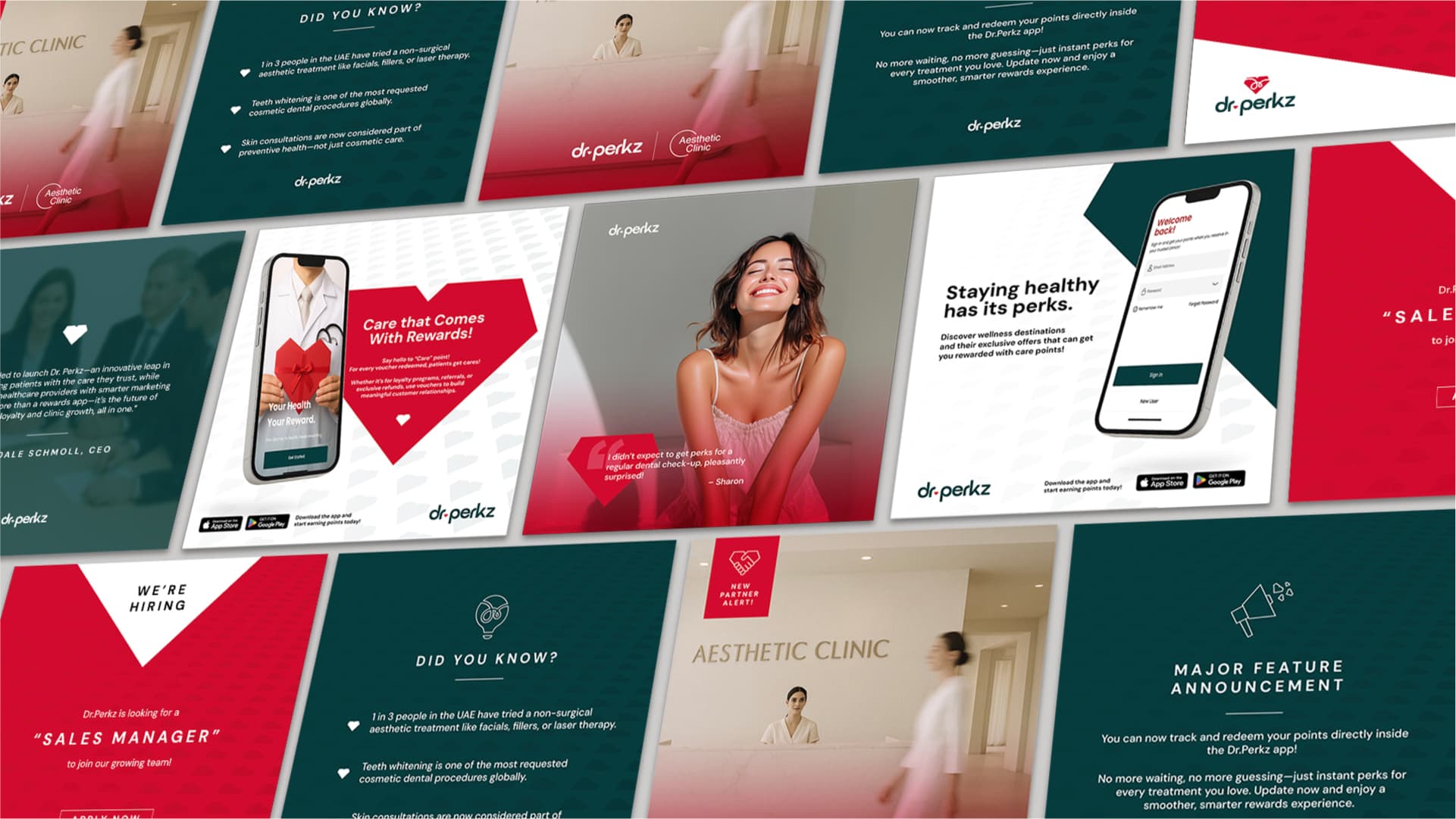 Grid of Dr.Perkz social templates in red, teal and white — did-you-know facts, app feature announcements, a hiring post and patient testimonials held inside heart-shaped crops
