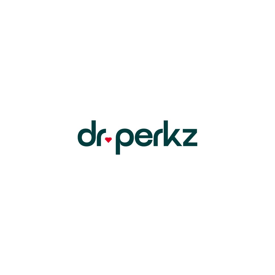Dr.Perkz wordmark in deep teal lowercase with a small red heart in place of the full stop