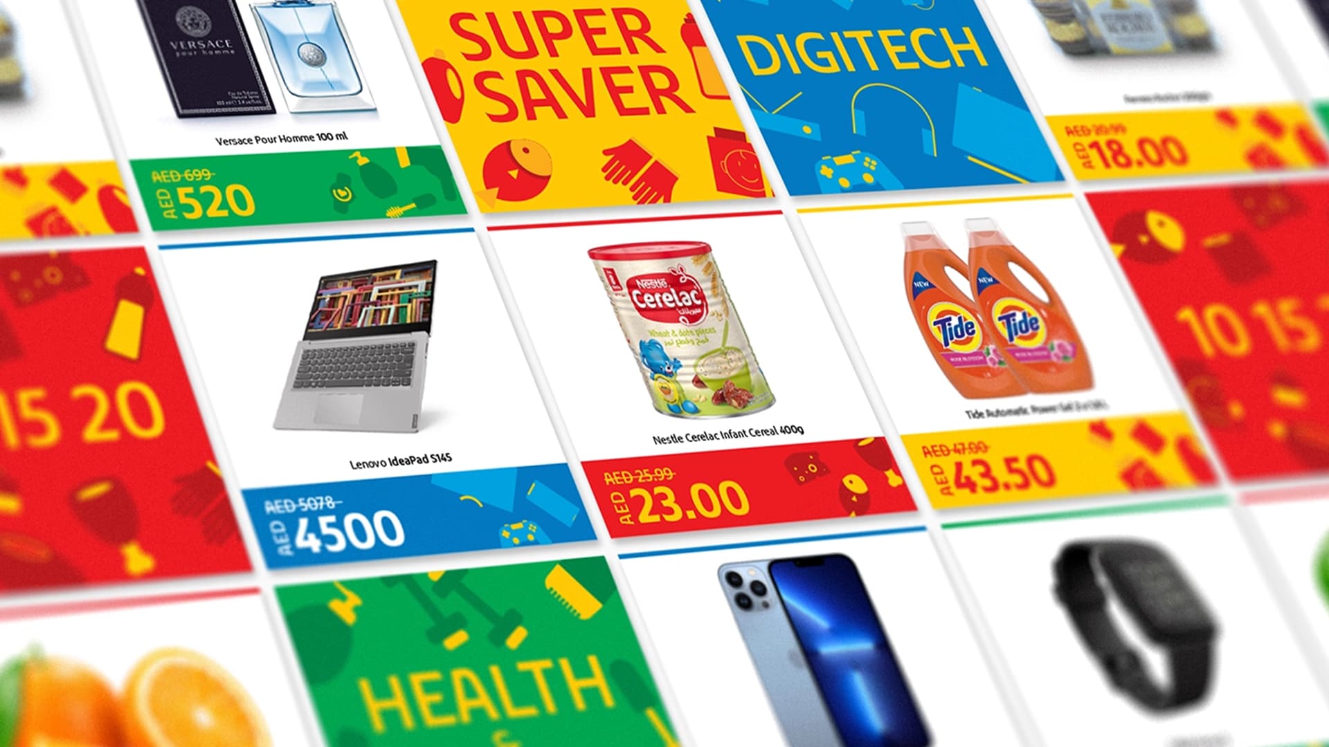 Wall of LuLu promotional price cards mocked up in a store setting
