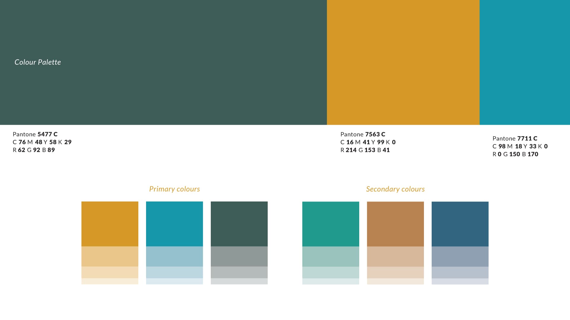 Terraforma colour palette showing pine green, ochre and teal with Pantone, CMYK and RGB values, plus primary and secondary tint ranges
