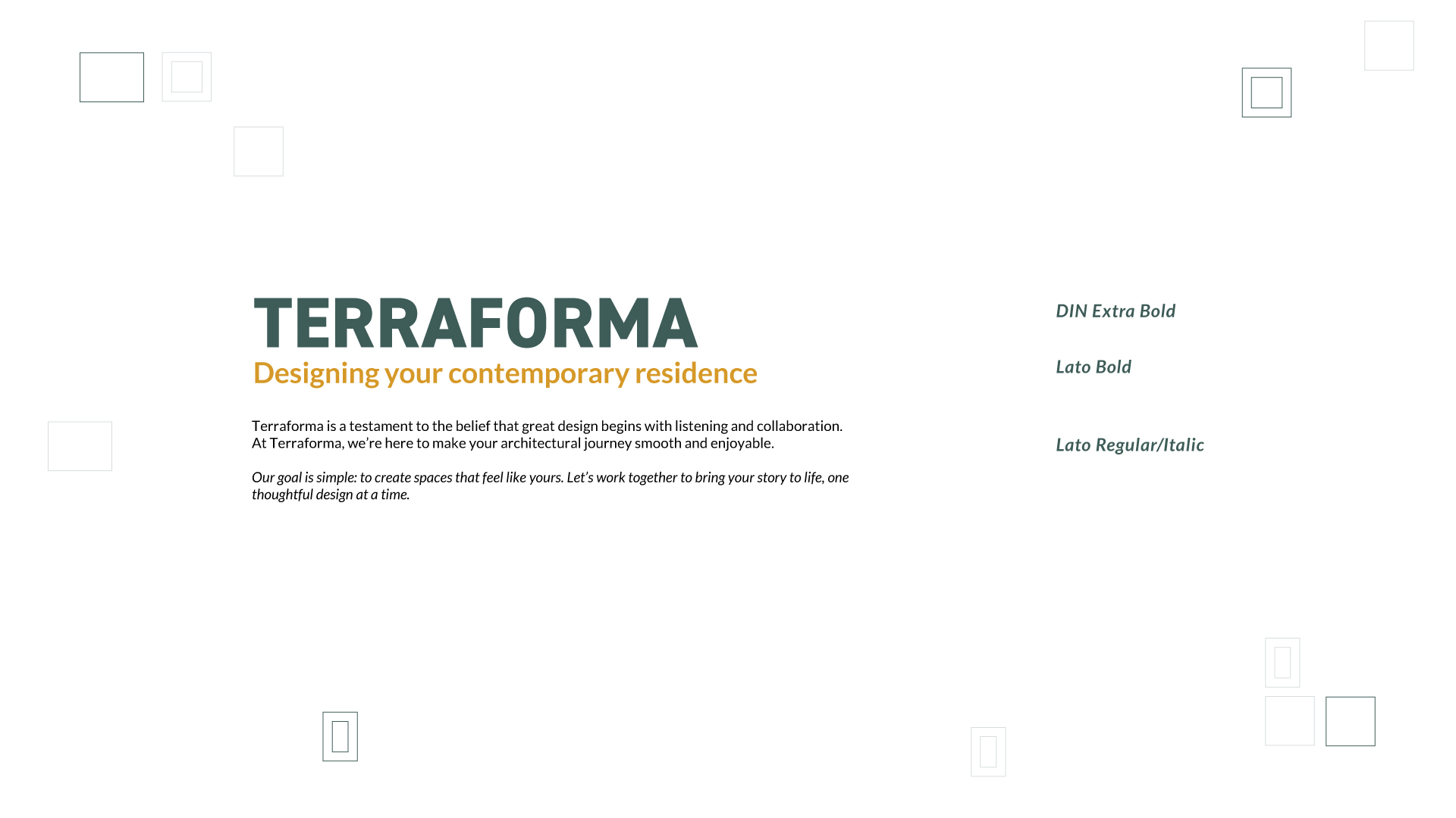 Typography sheet pairing the DIN Extra Bold wordmark with Lato Bold and Lato Regular Italic body copy