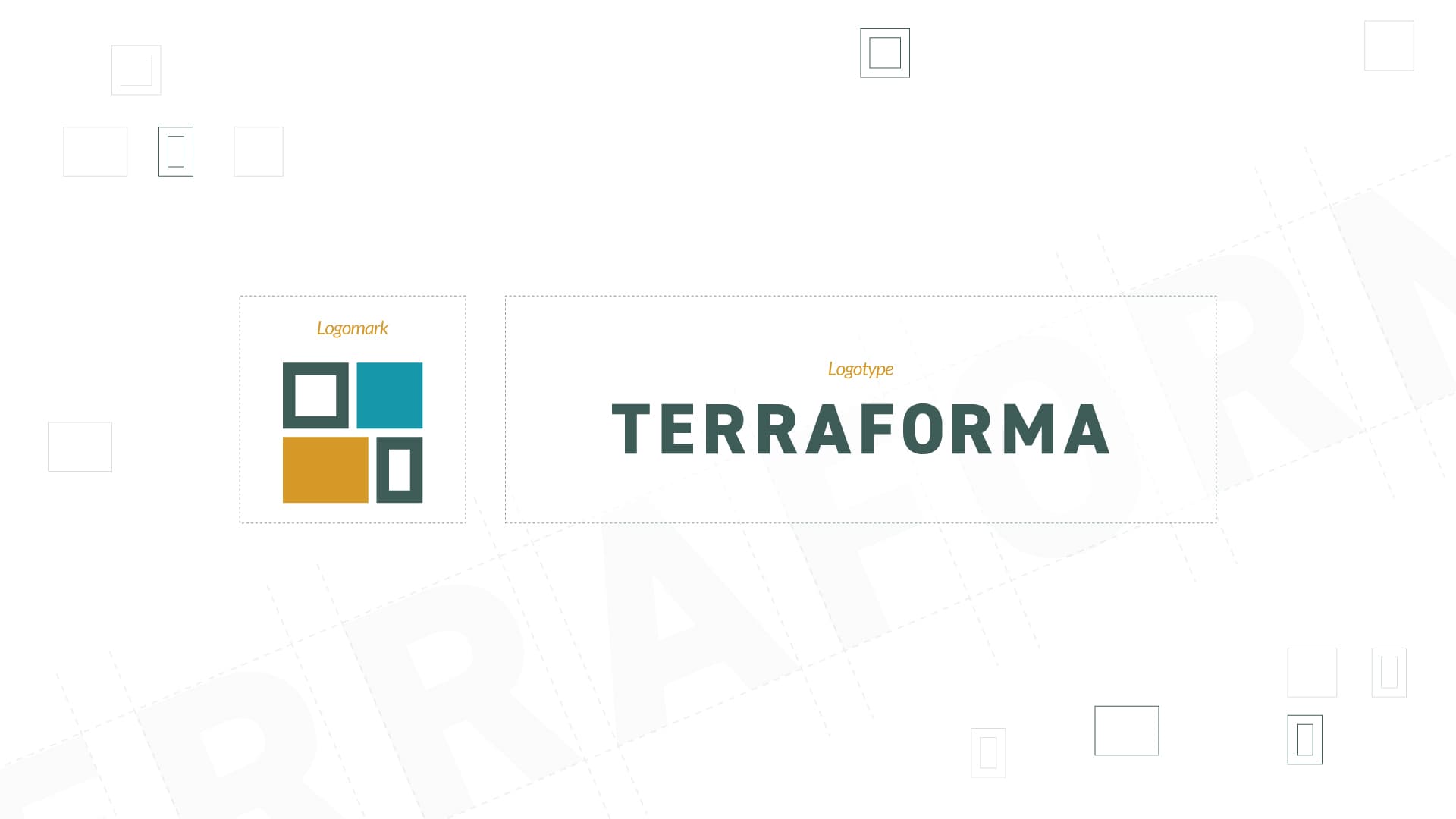 Logo construction sheet showing the Terraforma logomark in pine, teal and ochre beside the DIN Extra Bold wordmark