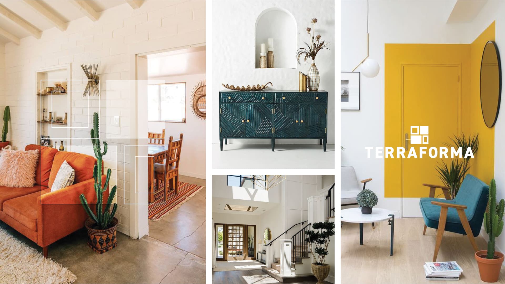 Interior mockups showing the Terraforma brand applied in residential spaces, including the logo on an ochre painted door